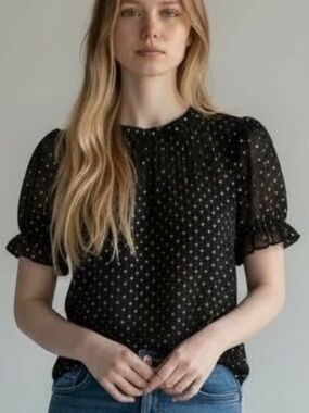 J. Crew Black Gold Dot Sheer Sleeve Blouse Size Medium